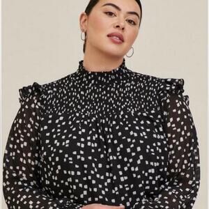 Torrid 6X Chiffon Black White Dot Smocked Yoke High-Neck Ruffle Blouse 6X